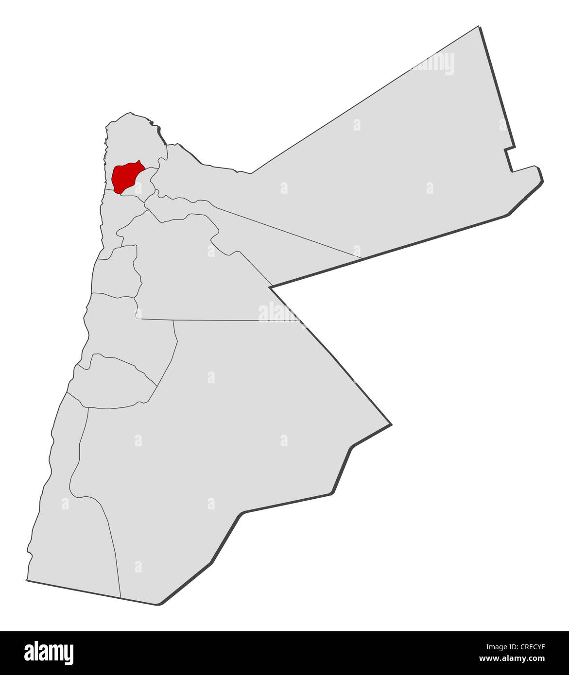 Political map of Jordan with the several governorates where Ajloun is highlighted. Stock Photo