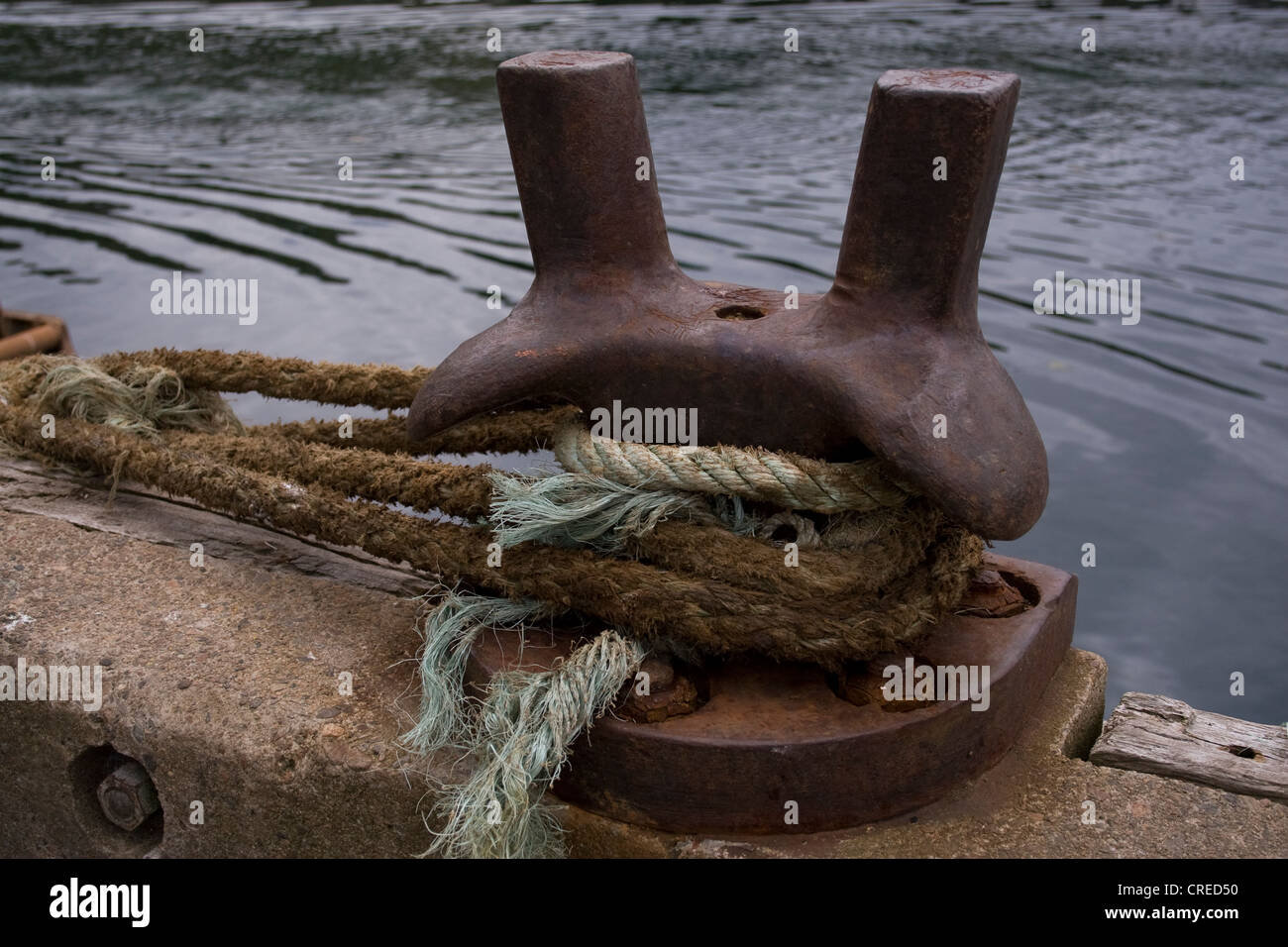Thick ropes tied around a mooring at Mallaig Harbour, Scotland. Stock Photo