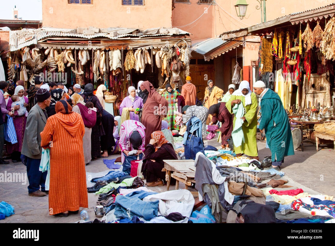 Clothing market in the souk, in the Medina, historic district in Marrakech, Morocco, Africa Stock Photo