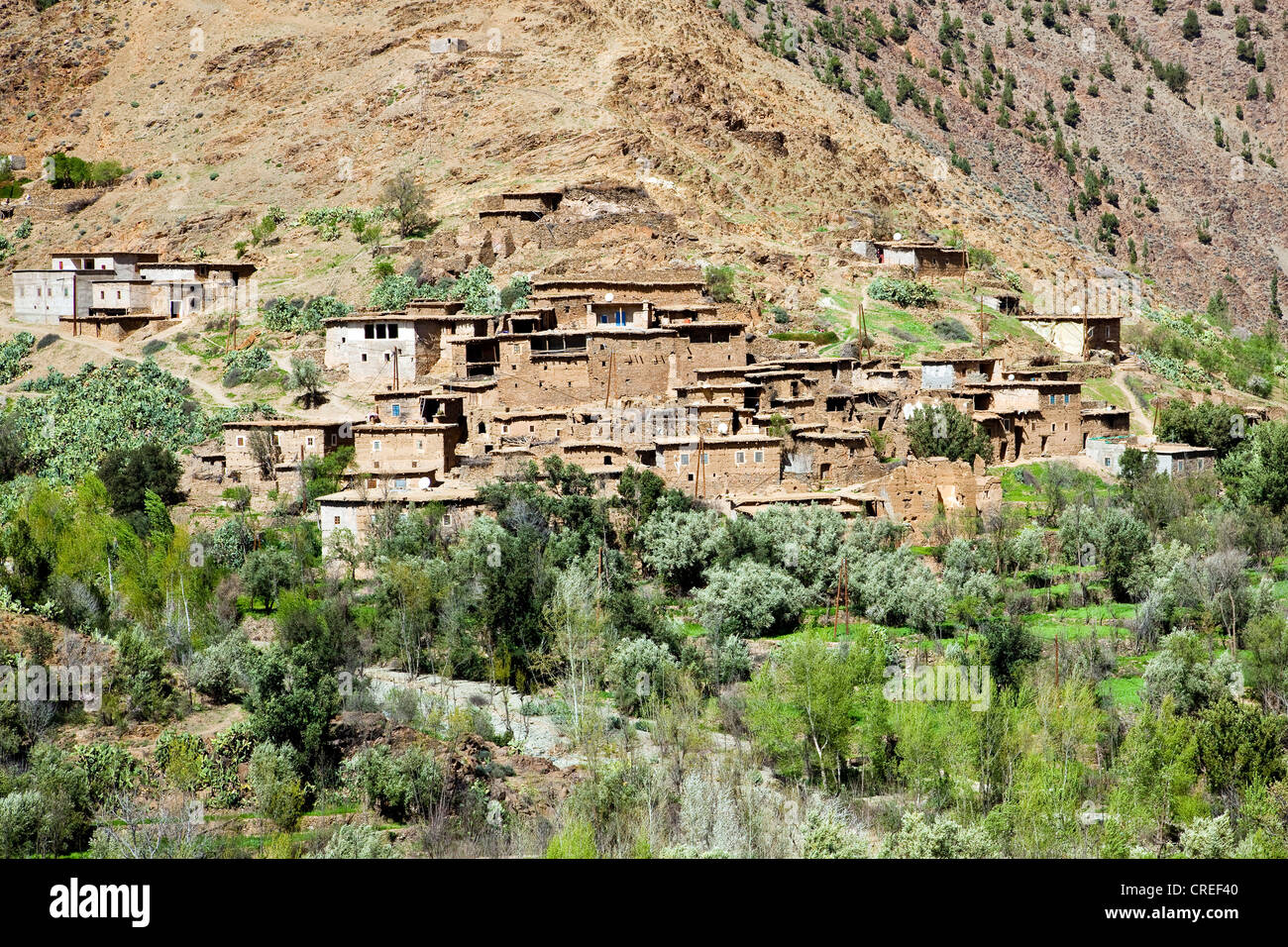 Mountain village with mud-walled houses near the Tizi-n-Test mountain pass, Tizi-n-Test mountain pass road in the High Atlas Stock Photo