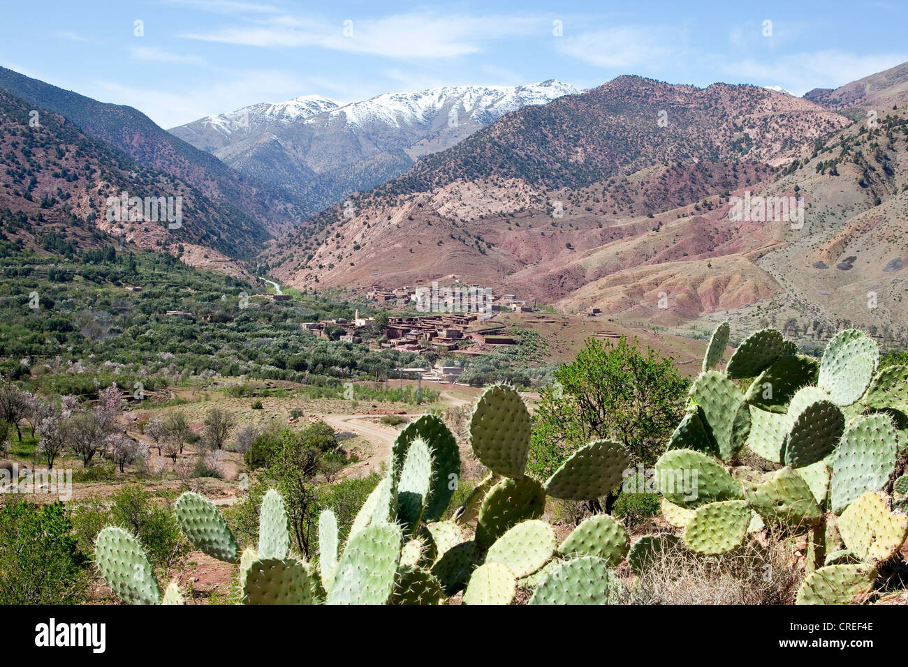 Mountain village with terraces near the Tizi-n-Test mountain pass, Tizi-n-Test mountain pass road in the High Atlas Mountains Stock Photo