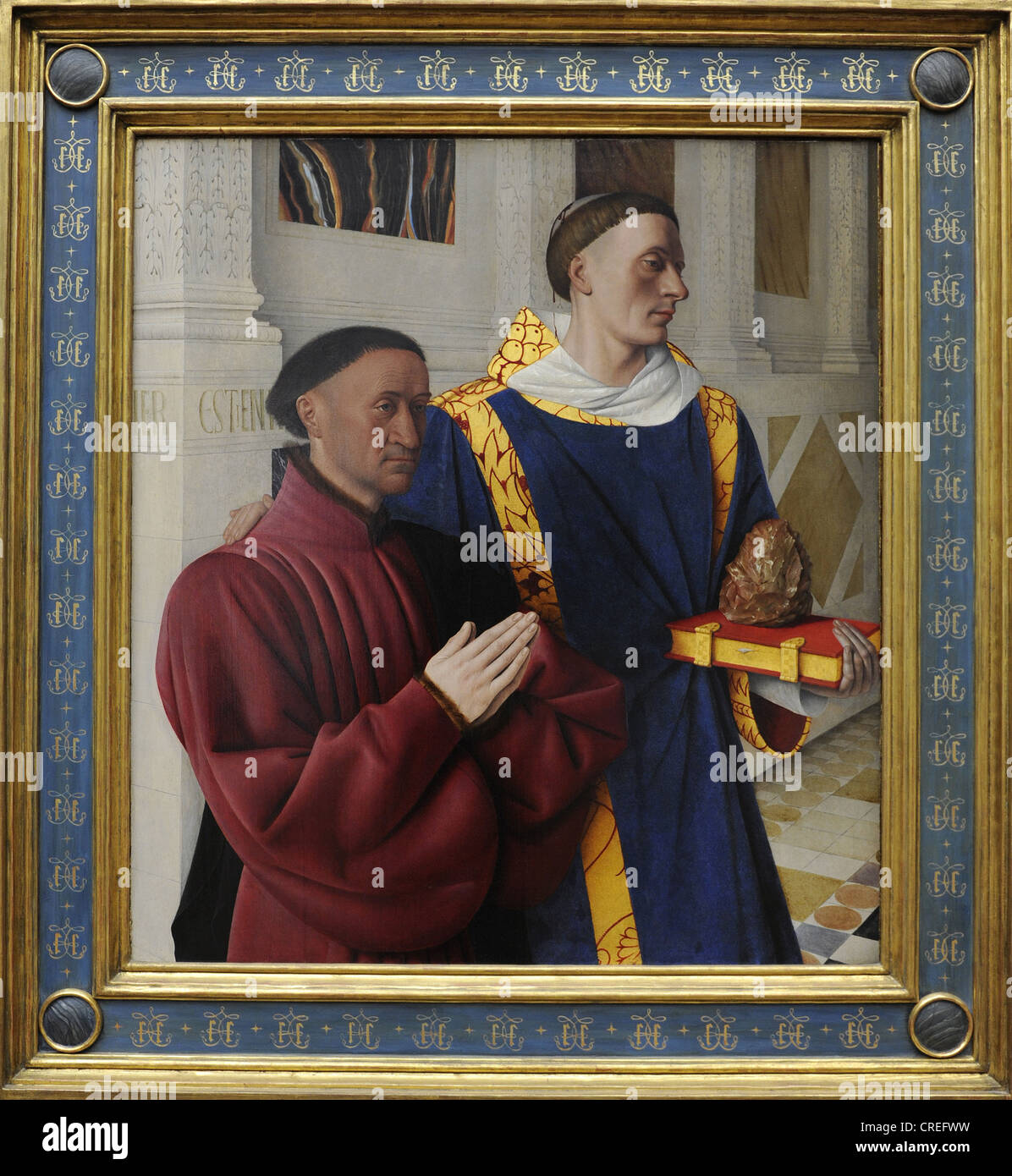 Jean Fouquet (1420-1481). French painter. Melun Diptych. Left wing depicting Etienne Chevalier with his patron St. Stephen. Stock Photo