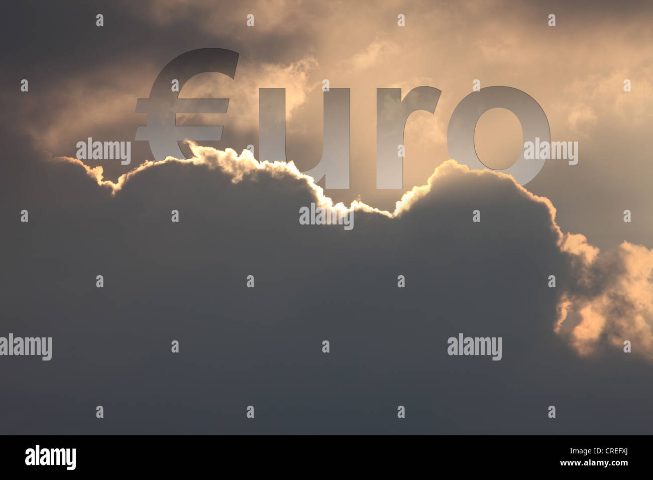 Euro Rising/Sinking Behind Storm Clouds Stock Photo