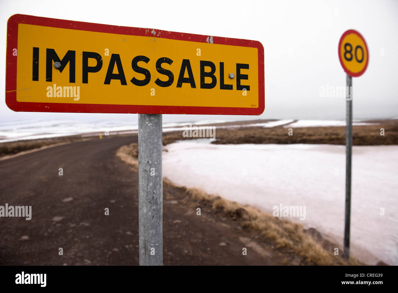 Traffic sign at a mountain pass 'impassable', impassable road, Iceland, Northern Europe Stock Photo