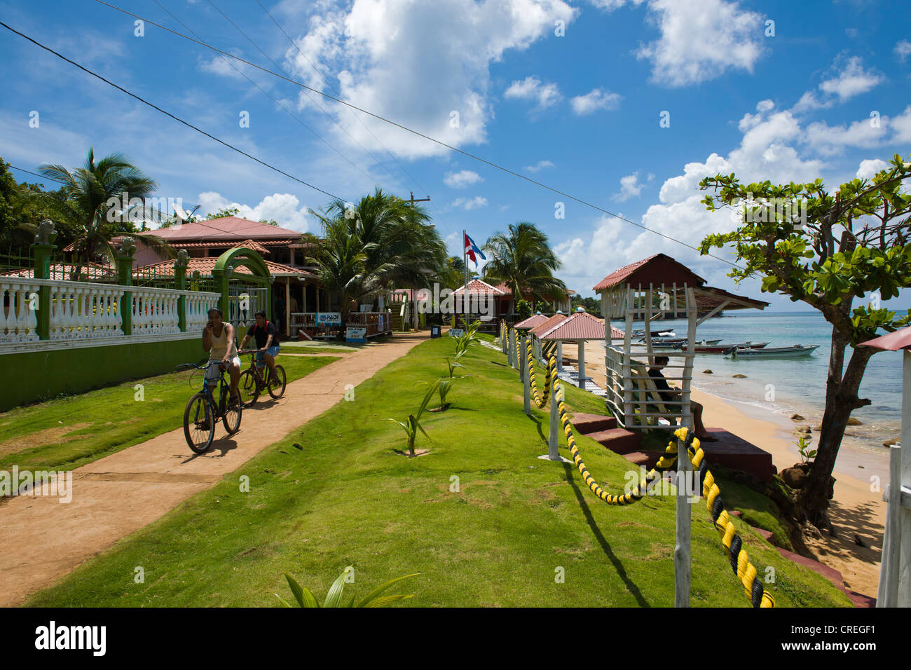 Hotel grounds by the sea, Little Corn Island, Caribbean Sea, Nicaragua, Central America, America Stock Photo
