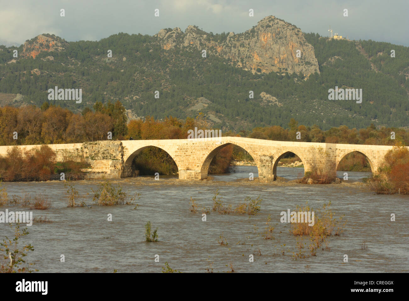 Seljuk bridge at the Koeprue�ay River, Turkey, Antalya, Aspendos Stock Photo