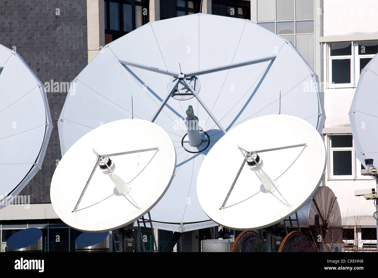 Satellite system for television stations in Unterfoehring near Munich, Bavaria, Germany, Europe Stock Photo