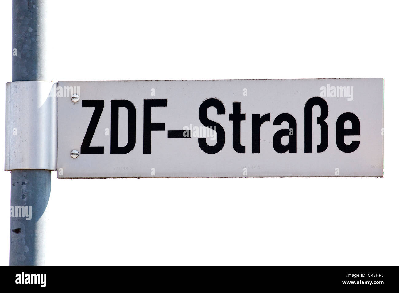 Road sign of the ZDF-Strasse street outside the Bavaria state studio of the ZDF television station in Unterfoehring near Munich Stock Photo