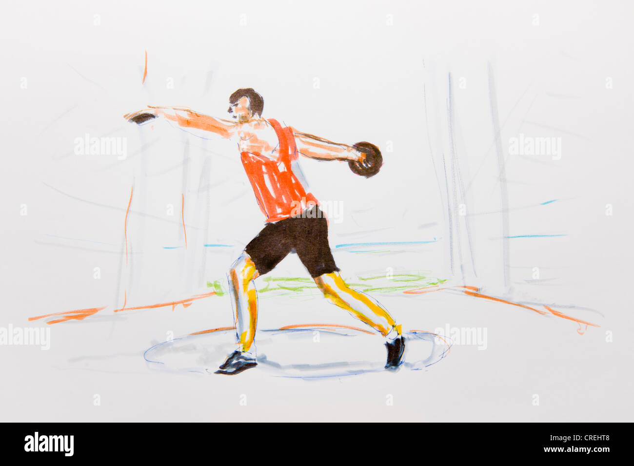 Discus thrower, coloured drawing, by artist Gerhard Kraus, Kriftel
