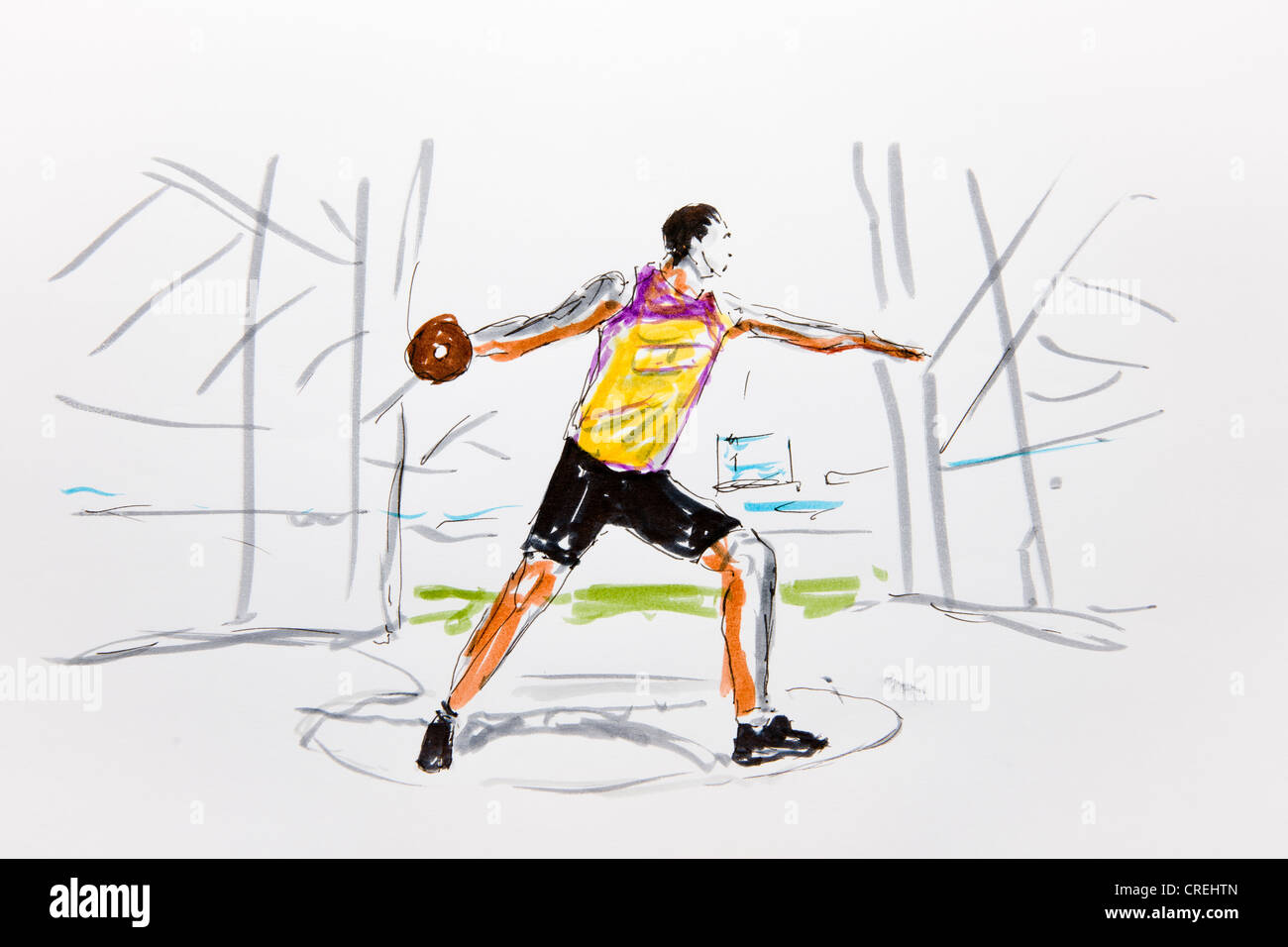 Discus thrower, coloured drawing, by artist Gerhard Kraus, Kriftel