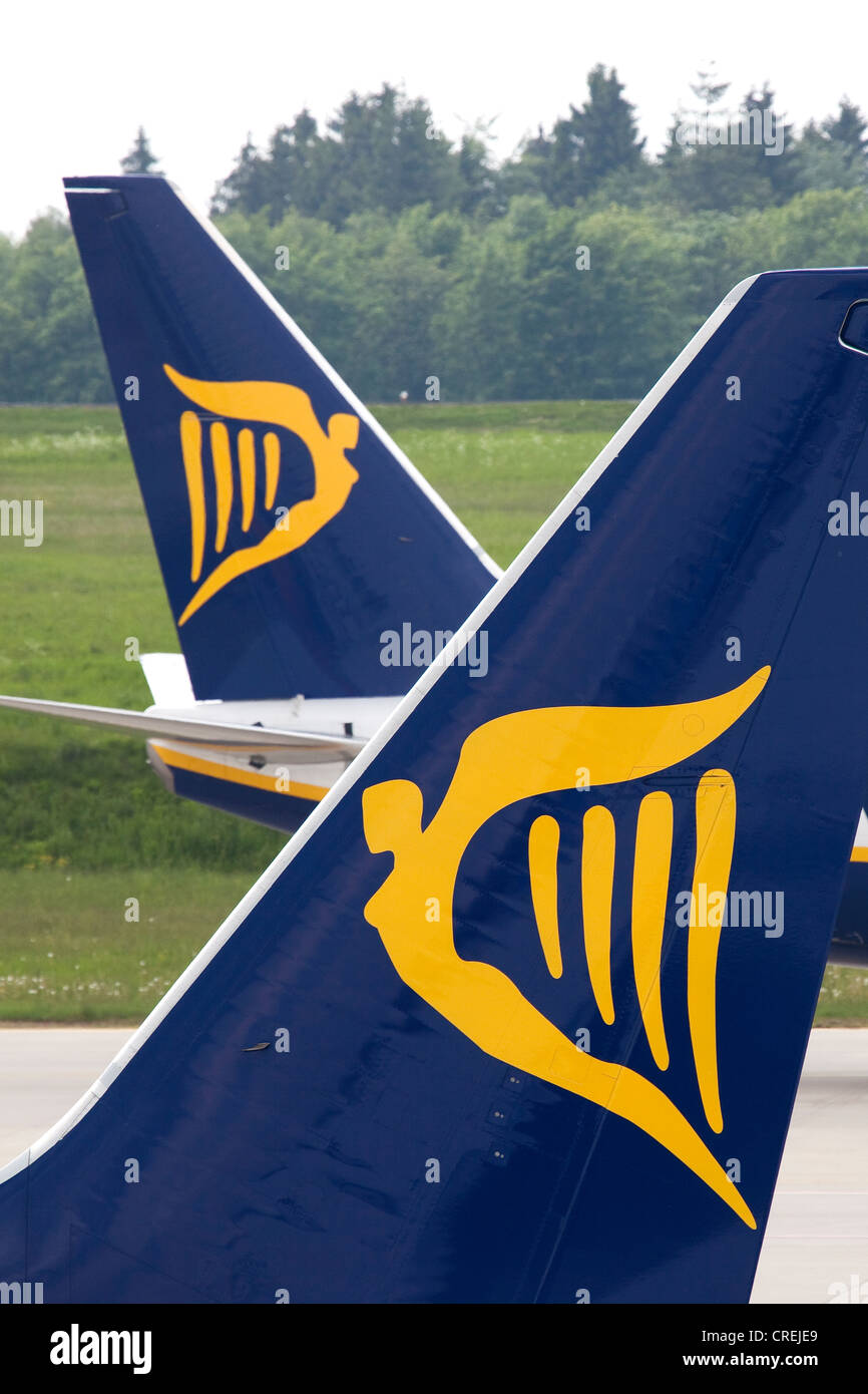 Ryanair logo on a Boeing 737 from the budget airline Ryanair at Frankfurt-Hahn Airport in the Hunsrueck district near Simmern Stock Photo