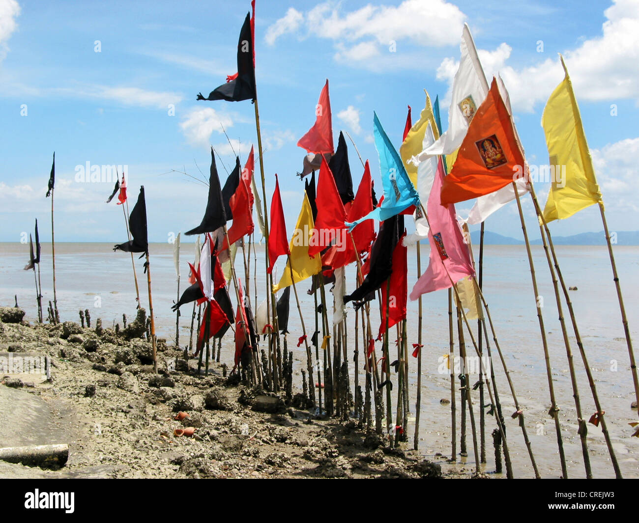 Hindu flags in the north of the carribean island Trinidad, Trinidad and Tobago, Trinidad Stock Photo