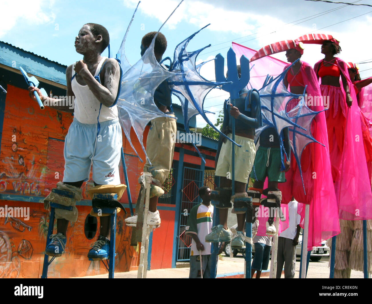 Stilt walker of the Carnival group Moko Jumbiesty  in Port of Spain, Trinidad and Tobago, Trinidad, Port of Spain Stock Photo