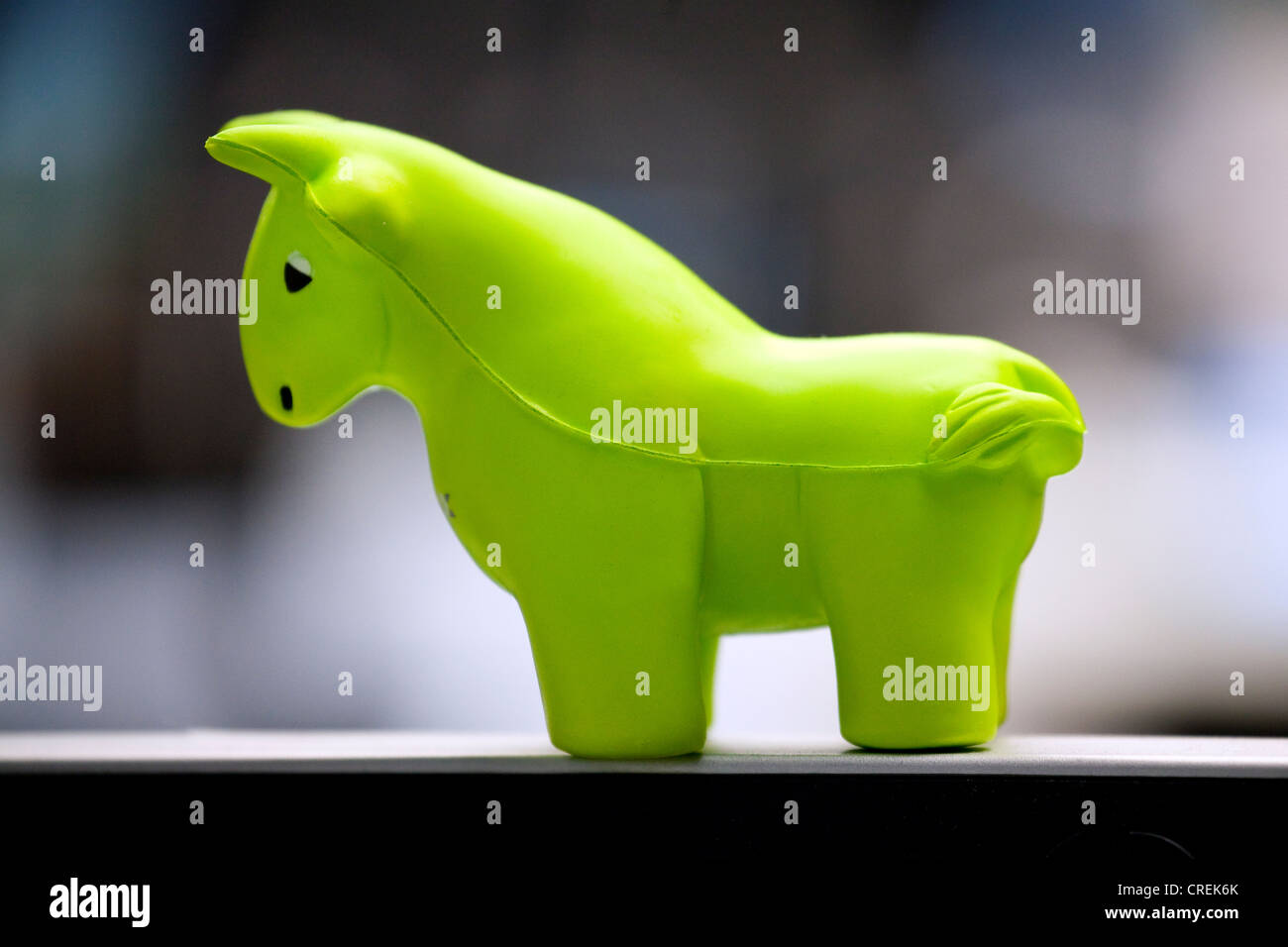 Figure of a bull standing on a screen of a stock trader on the trading floor of Frankfurt Stock Exchange, Deutsche Boerse AG Stock Photo