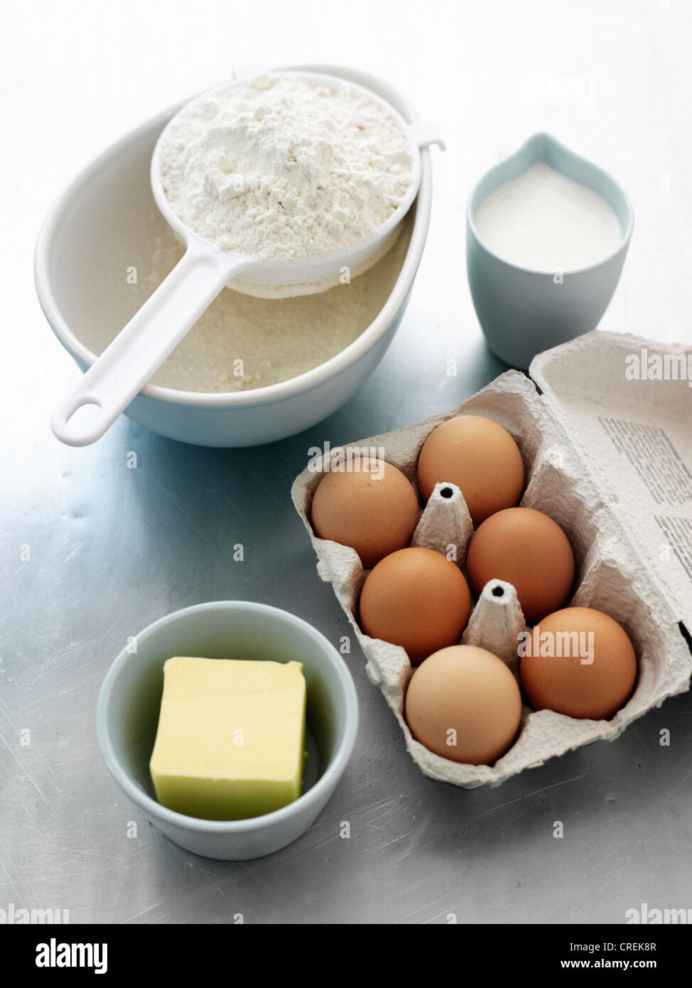 Flour, eggs, milk and butter Stock Photo Alamy