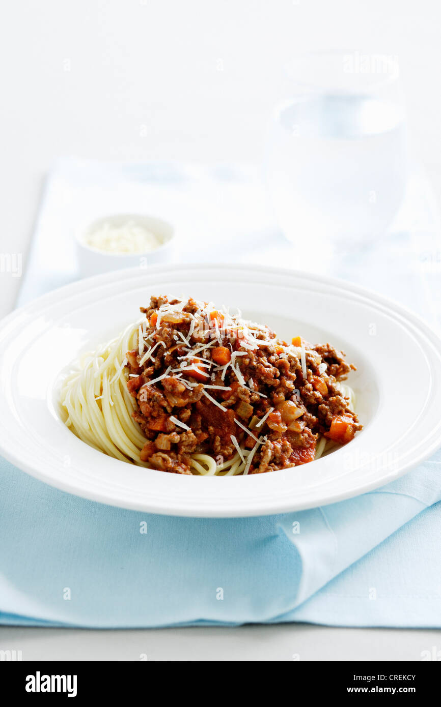 Close up of plate of spaghetti bolognese Stock Photo