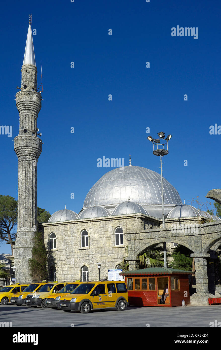 Mosque with the taxi rank outside, in Belek, Antalya, Turkey Stock