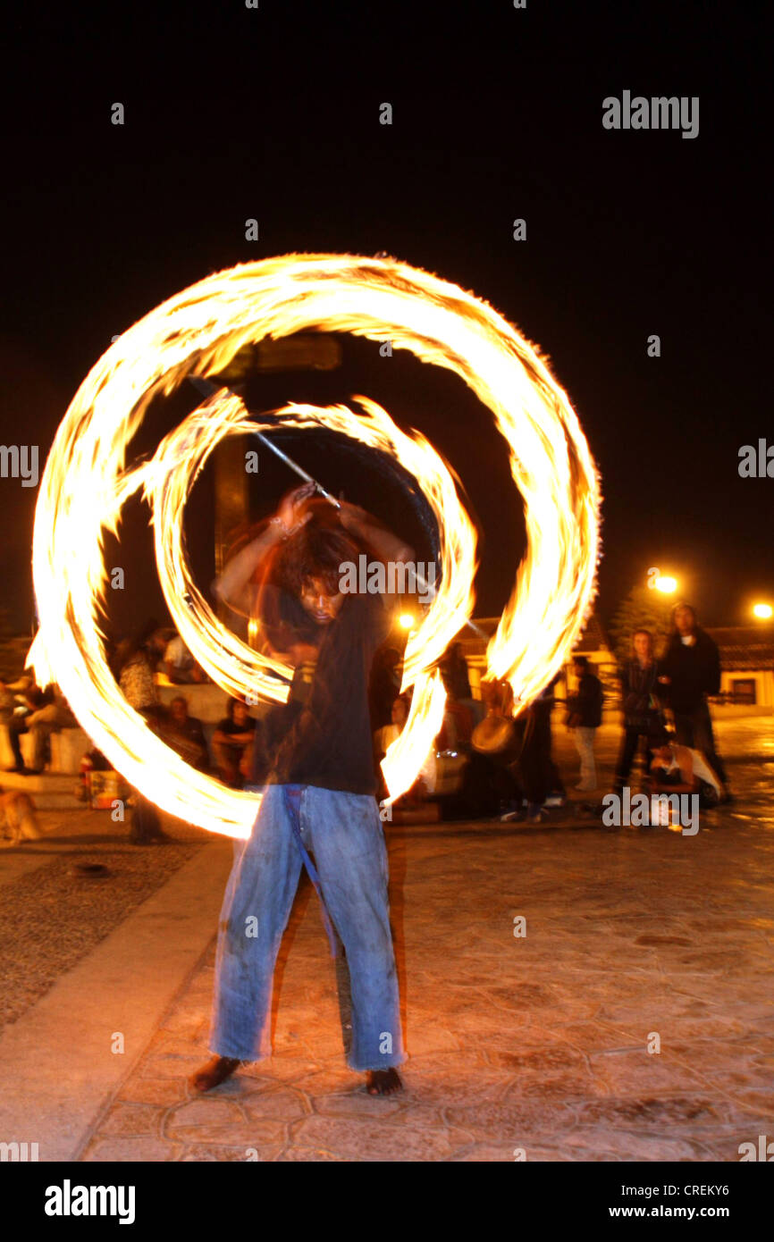 young street performer making a firework during a performance, Mexico, Chiapas, San Crist�bal de las Casas Stock Photo