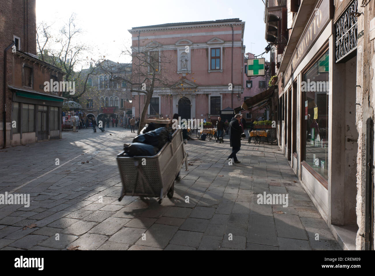 Garbage bags being collected by using a hand truck, Venice, Italy, Southern Europe Stock