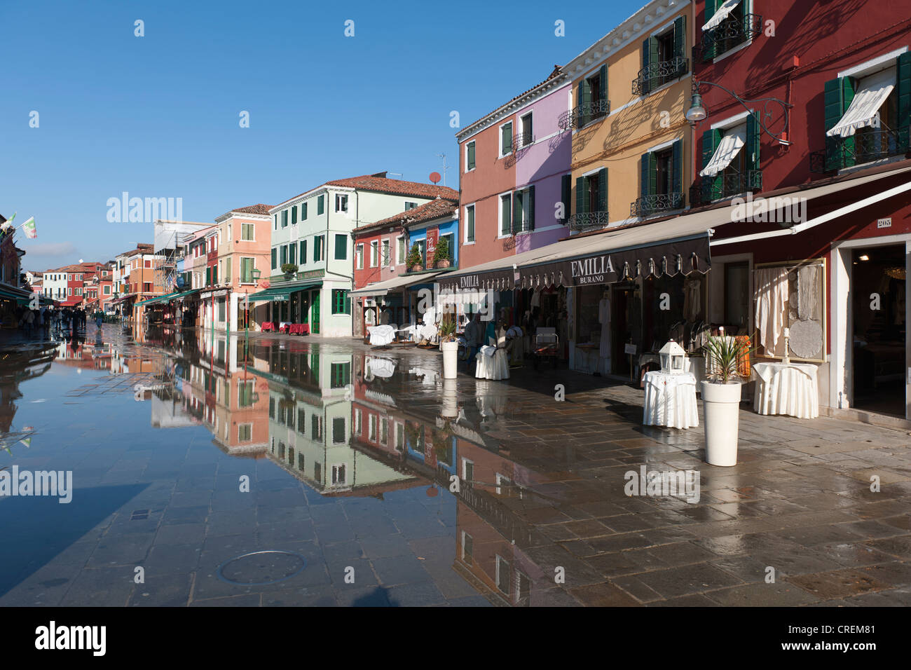 Winter floods, aqua alta, flooding the main shopping street, houses are