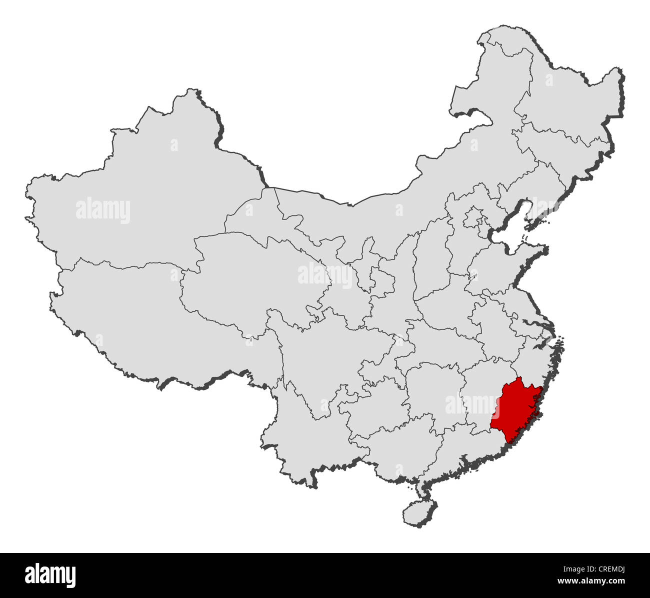 Political map of China with the several provinces where Fujian is highlighted. Stock Photo