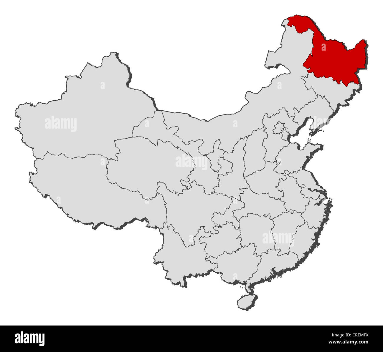 Political map of China with the several provinces where Heilongjiang is highlighted. Stock Photo