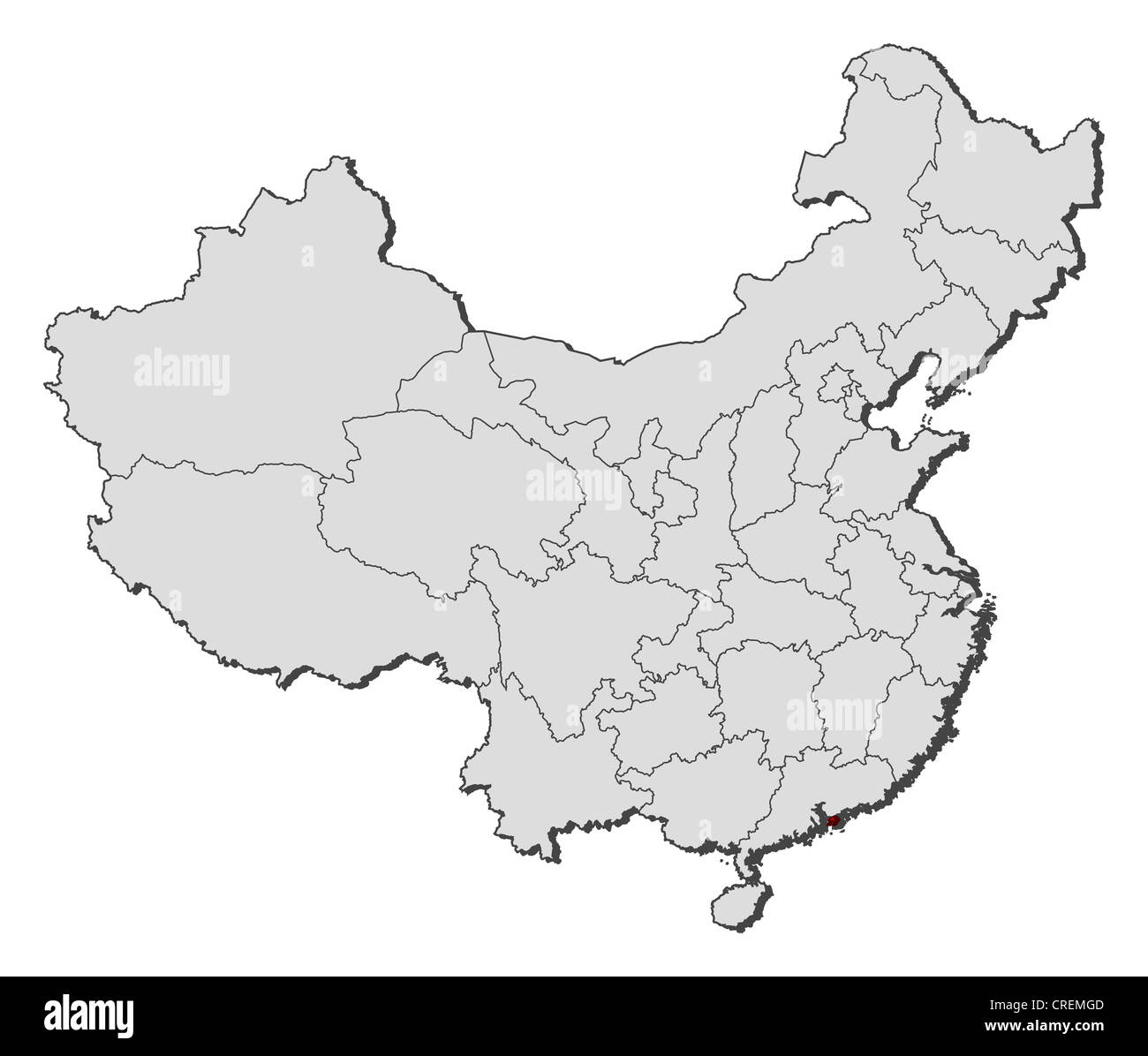 Political map of China with the several provinces where Hong Kong is