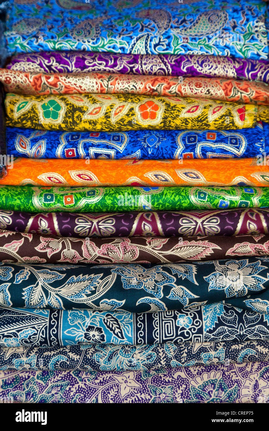 Fabrics and woven products, for sale on a market, artists' village of Ubud, central Bali, Indonesia, Southeast Asia Stock Photo