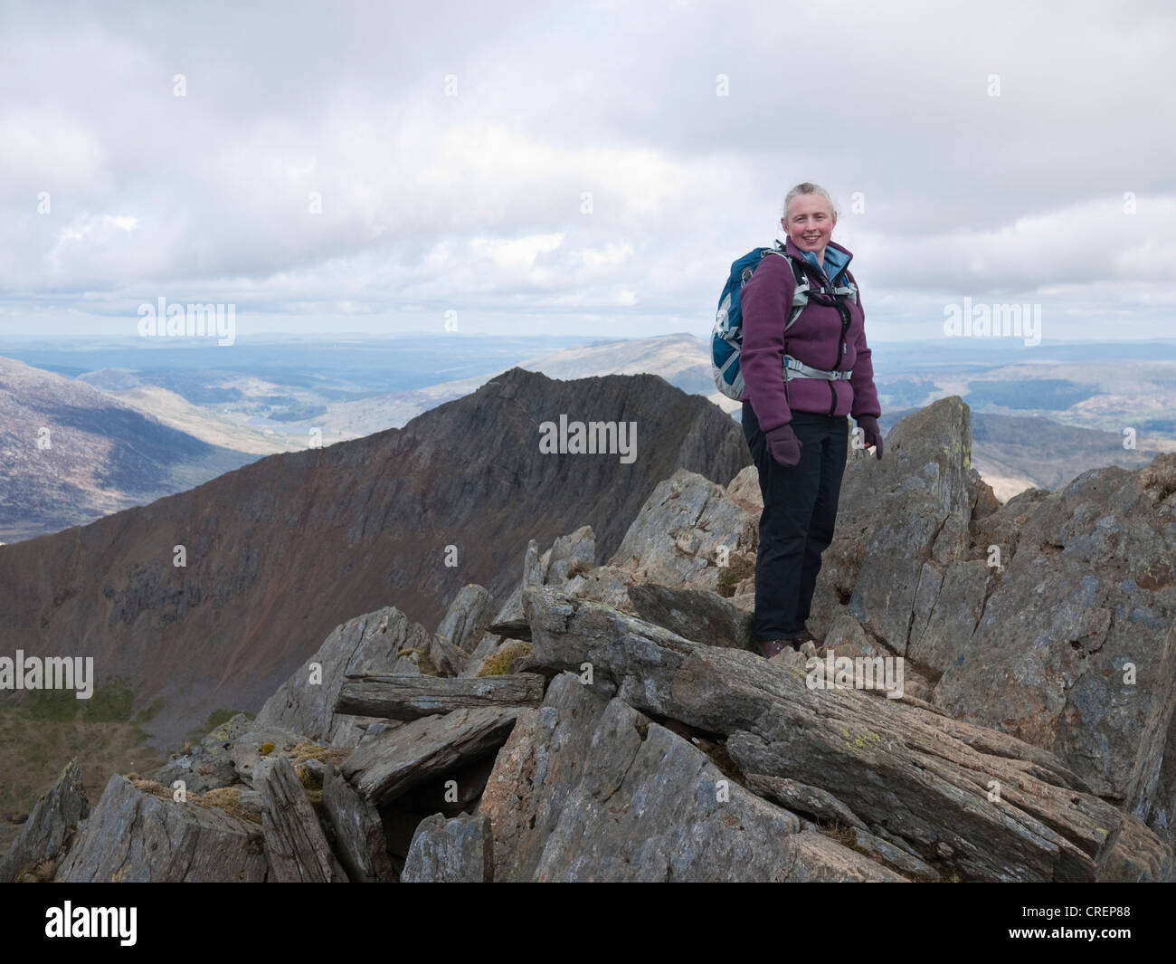 A Female Hill Walker On Crib Y Ddysgl Garnedd Ugain With Crib