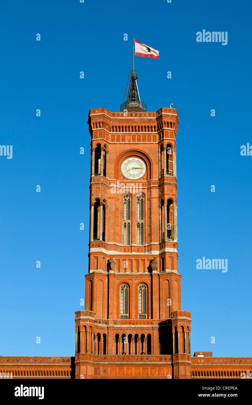 Clock tower at the Red Town Hall, Berlin, capital of Germany, Europe Stock Photo