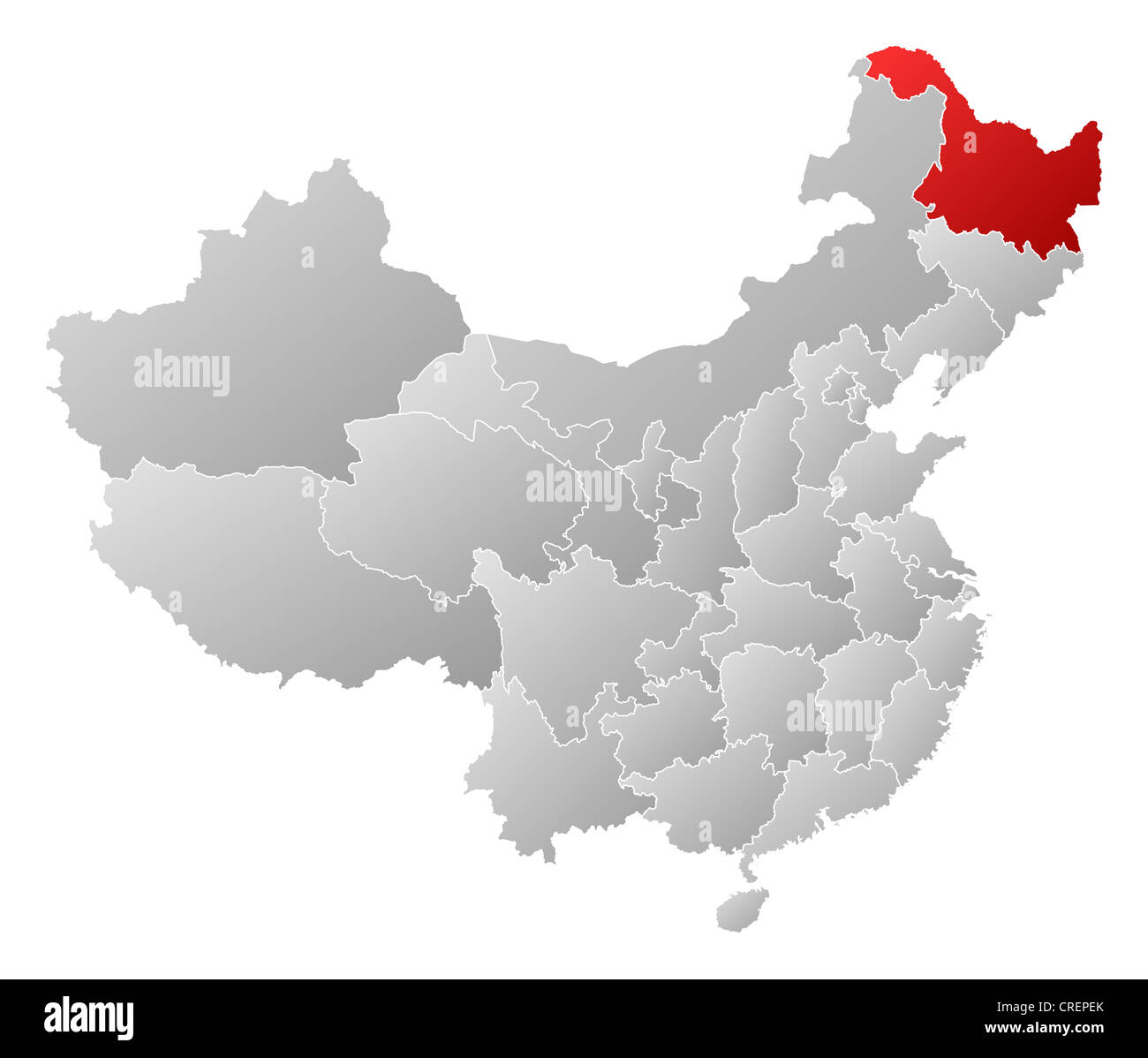 Political map of China with the several provinces where Heilongjiang is highlighted. Stock Photo