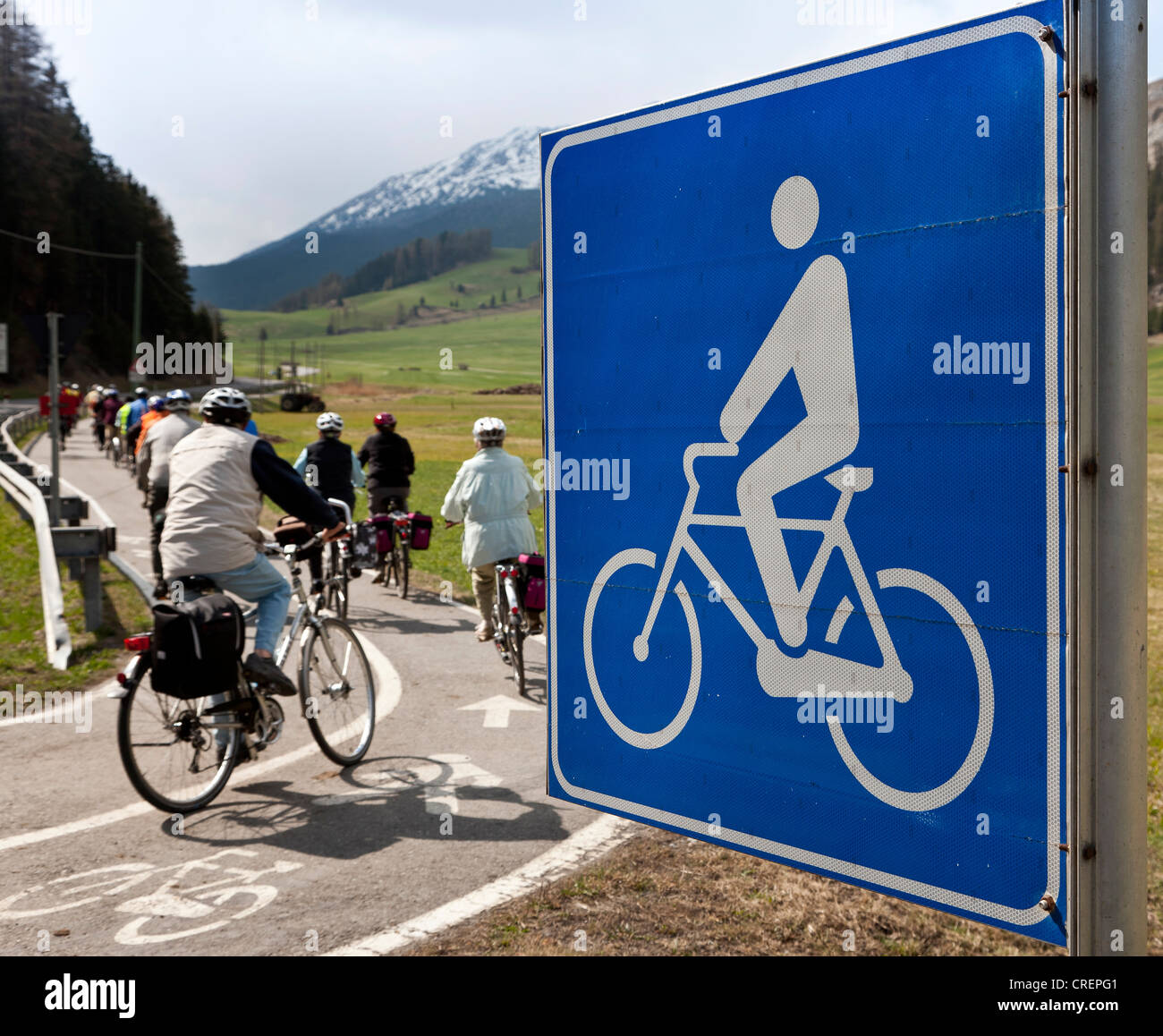 Bicycle path and sign near Reschen, South Tyrol, Italy, Europe Stock Photo