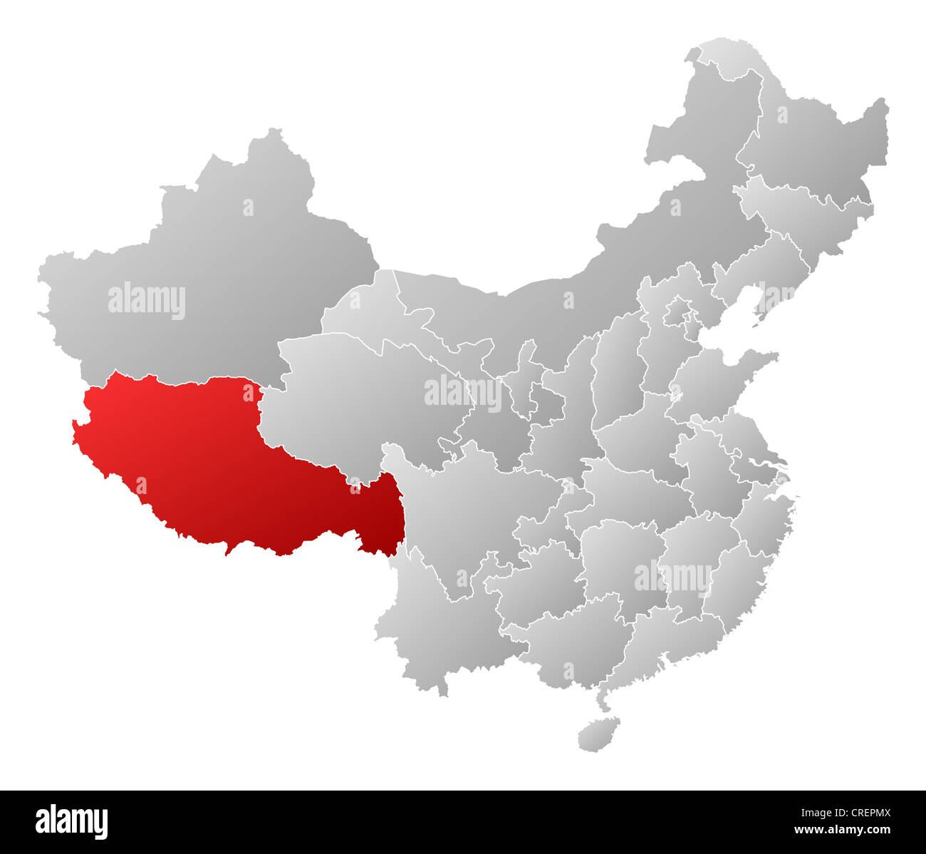 Political map of China with the several provinces where Tibet is highlighted. Stock Photo