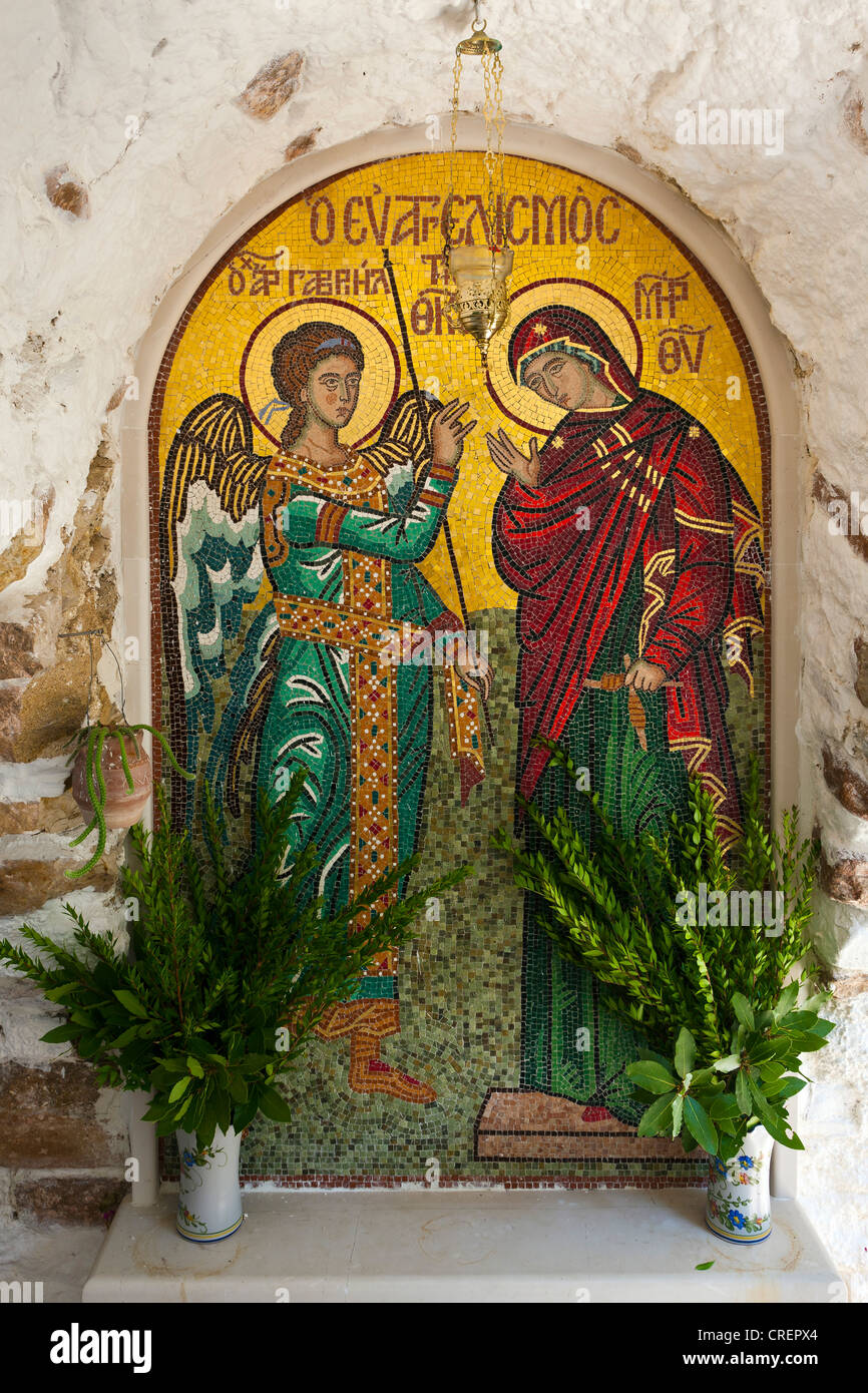 Mosaic in Moni Panagia Theotokou Monastery, Paleokastritsa, north-west Corfu, Corfu Island, Ionian Islands, Greece Stock Photo