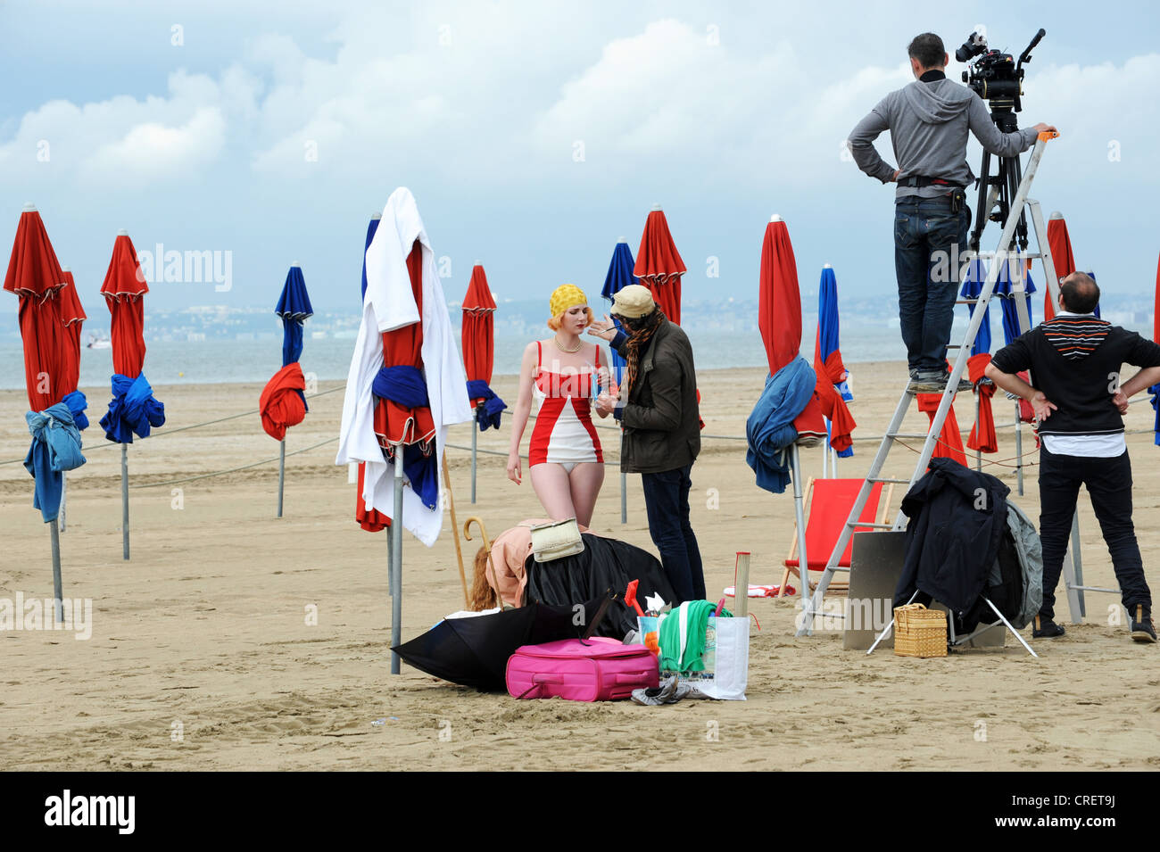 Film crew on beach at Deauville Normandy France they were filming for the new Sebastien Chabal clothes 'Ruckfield' Stock Photo