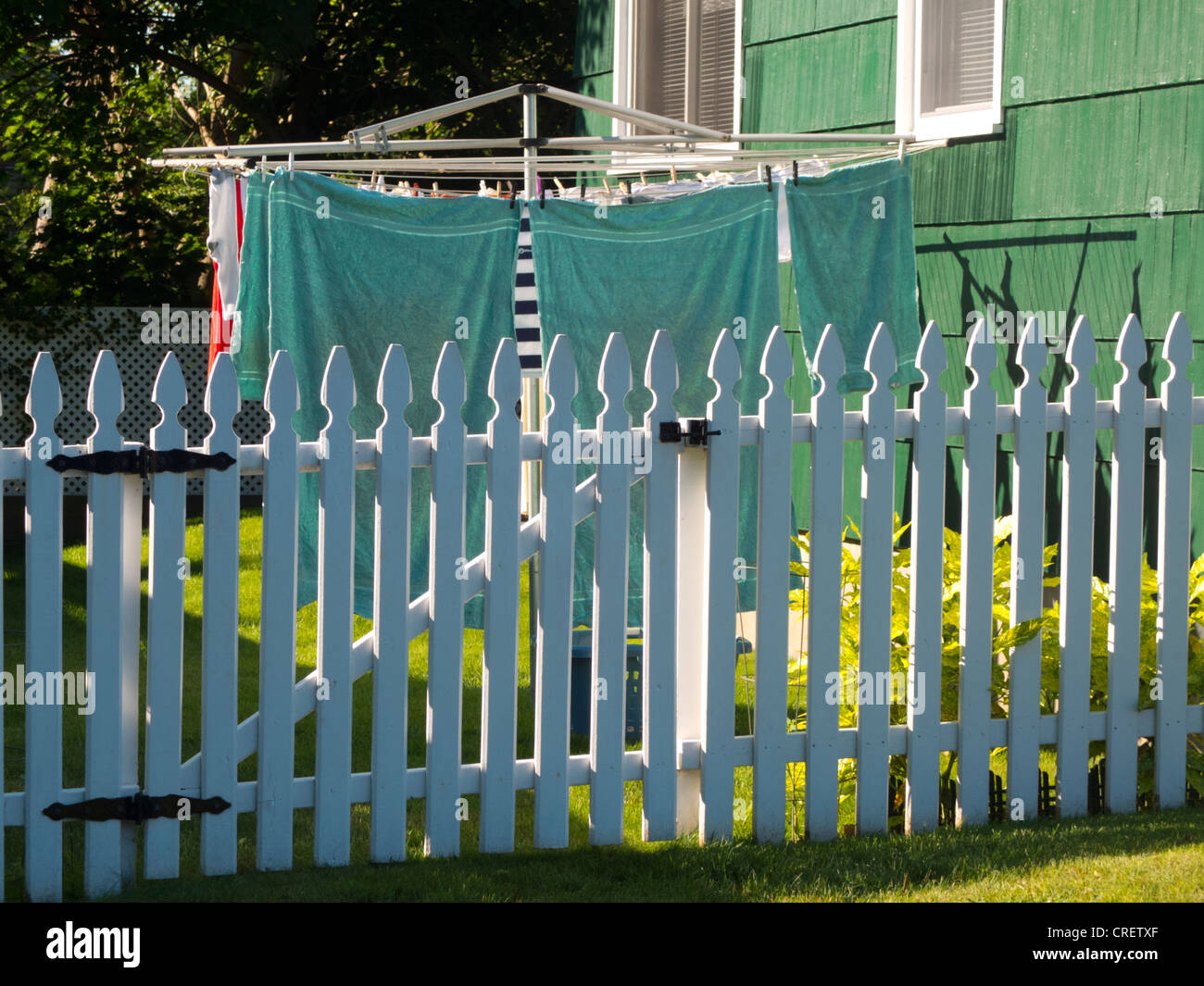 laundry hanging on a old fashioned clothes line Stock Photo