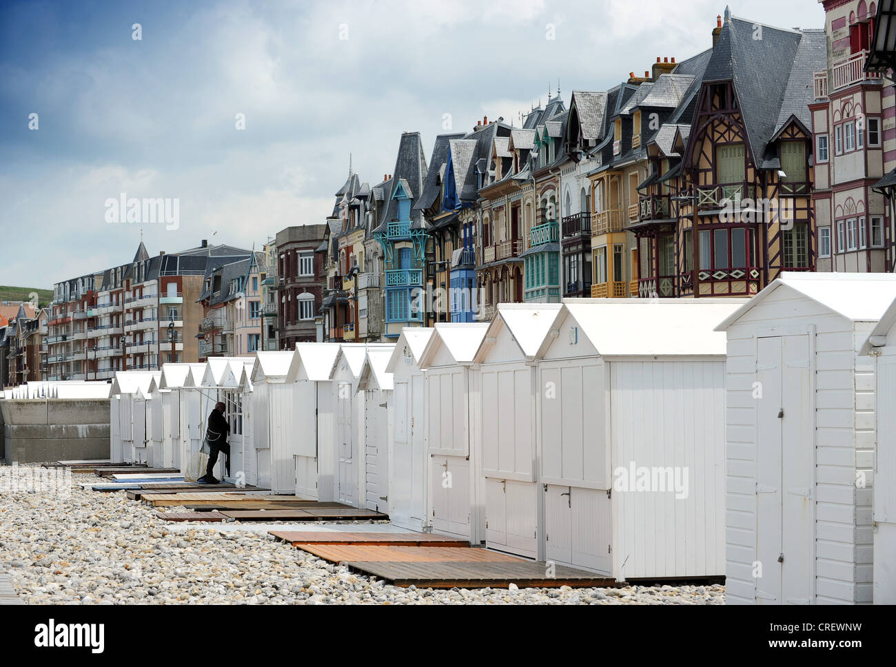 White beach huts Mers-les-Bains, France Stock Photo