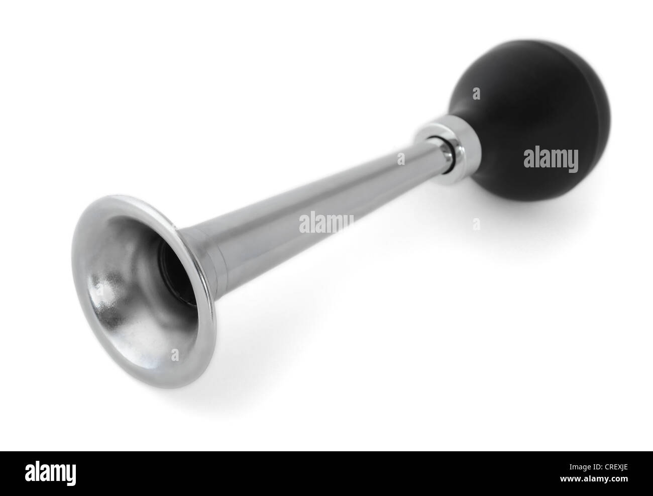 Silver vintage bicycle air horn isolated on white Stock Photo