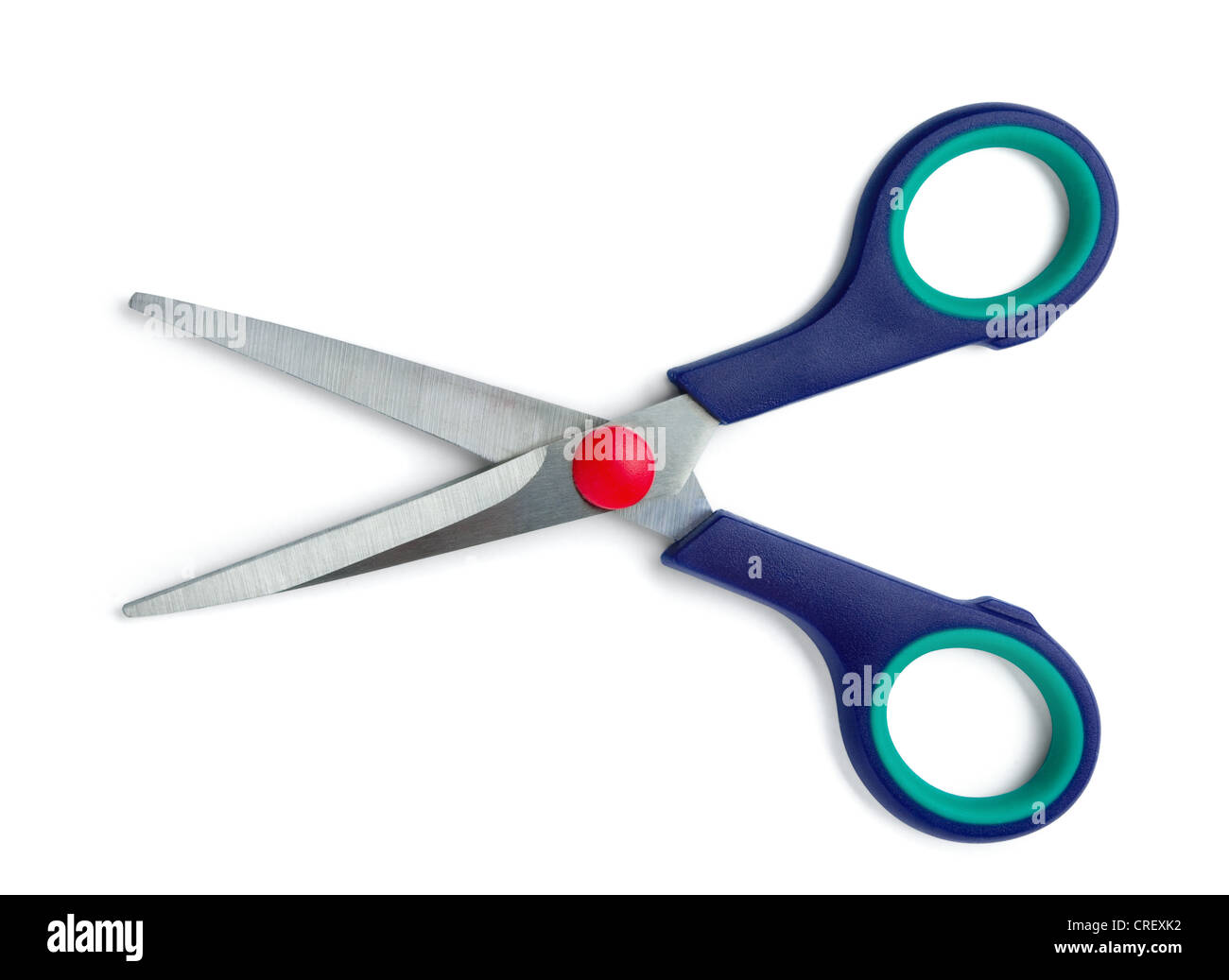 Pair of blue handled scissors isolated on white Stock Photo