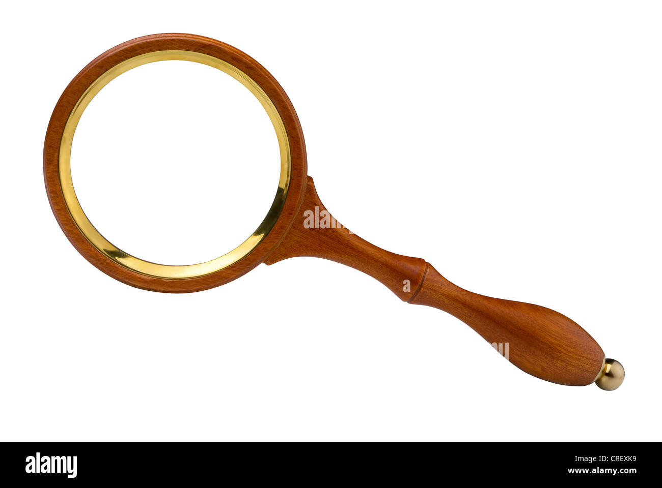 Old magnifying glass with wooden handle isolated on white Stock Photo