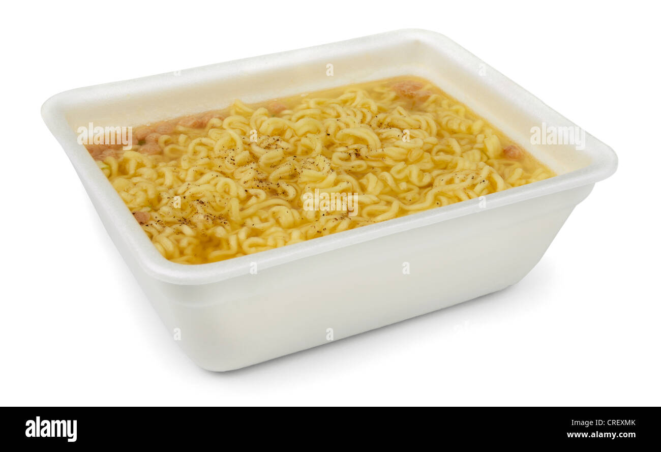 Instant noodles in styrofoam box isolated on white Stock Photo