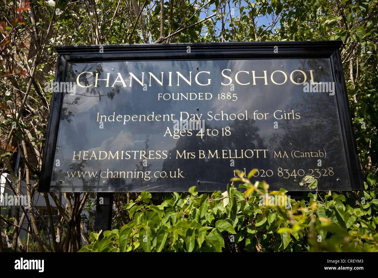 Channing School sign, Highgate Hill, Highgate, North London, N6, England, UK Stock Photo