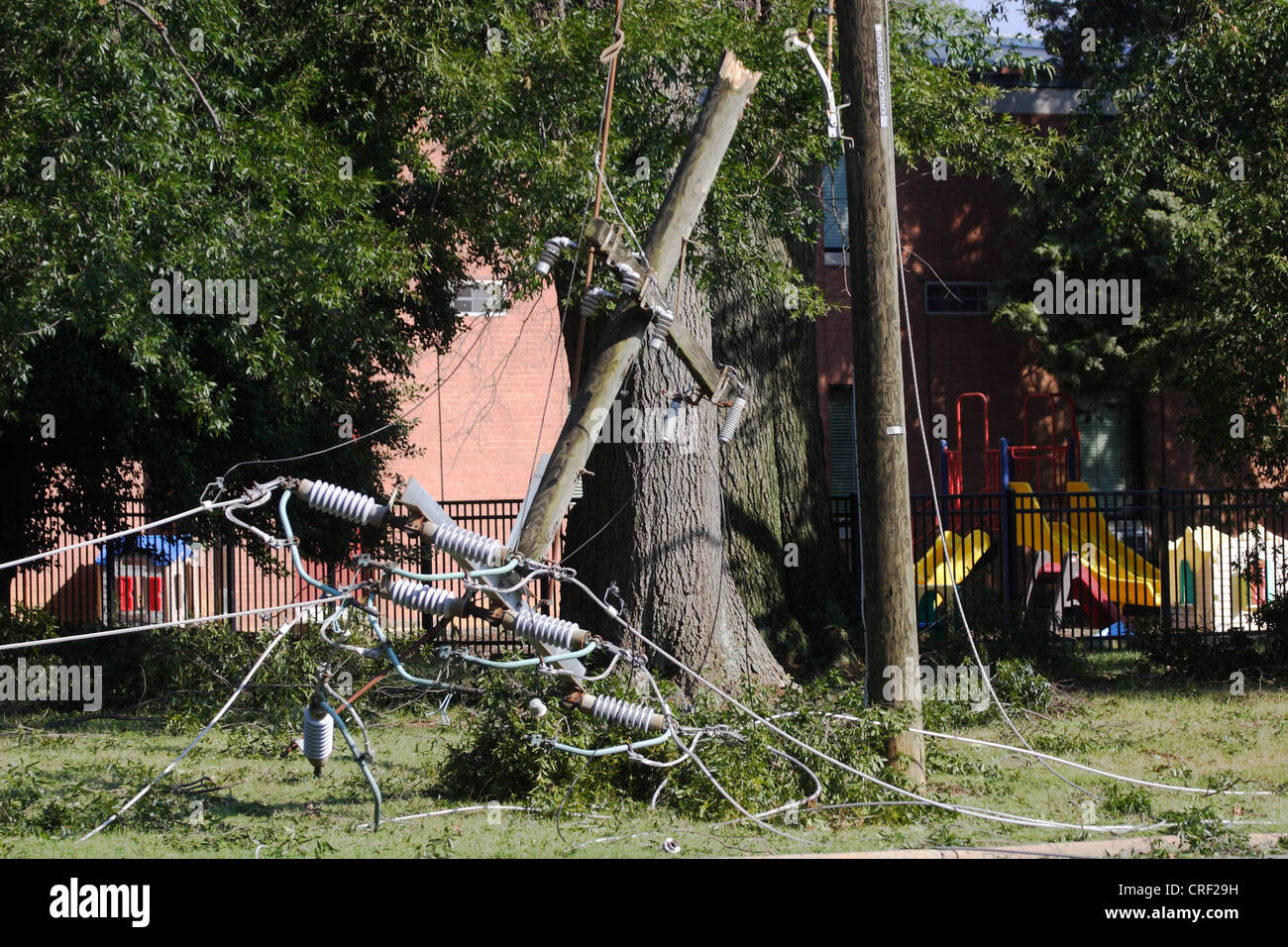 Tropical storm Irene causes widespread power outages in Virginia. Irene's winds toppled large trees onto power lines-Richmond,VA Stock Photo