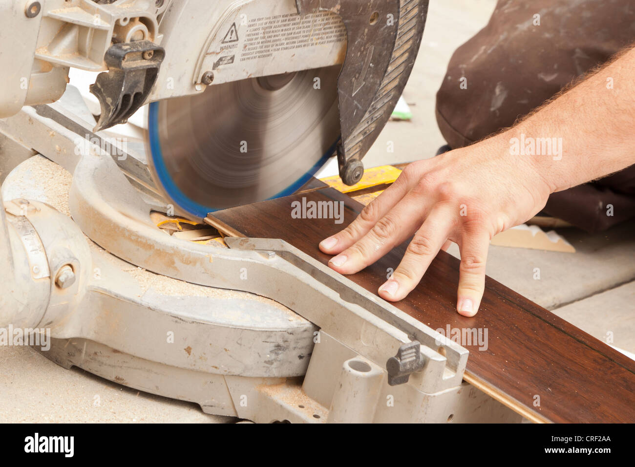 Contractor Using Circular Saw Cutting Of New Laminate Flooring Stock Contractor Using Circular Saw Cutting Of New Laminate Flooring Renovation
