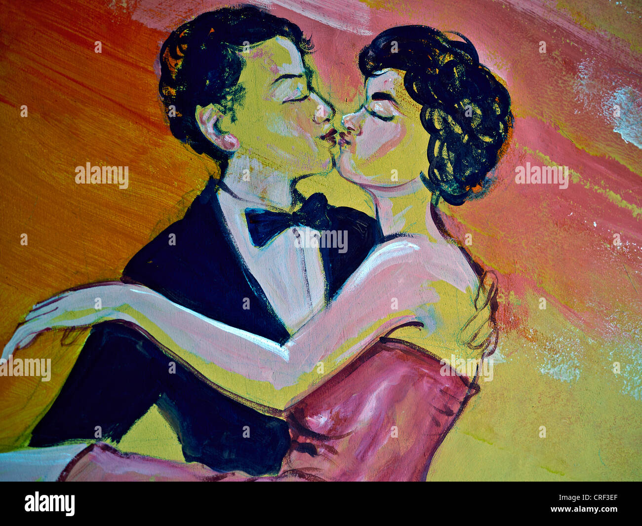 Pop art painting of a boy and girl kissing. c. 1950's. Thailand S.E. Asia Stock Photo