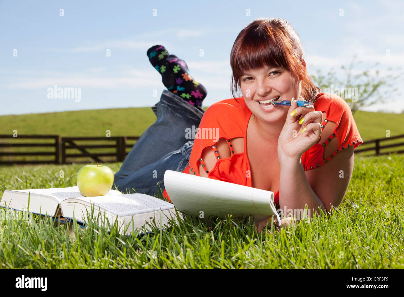 College student is studying outdoors Stock Photo