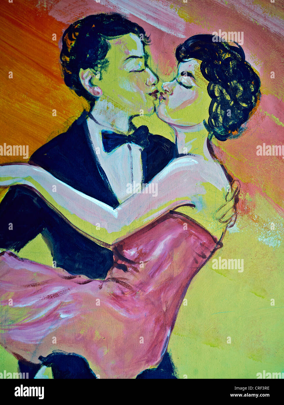 Pop art painting of a boy and girl kissing. c. 1950's. Thailand S.E. Asia Stock Photo