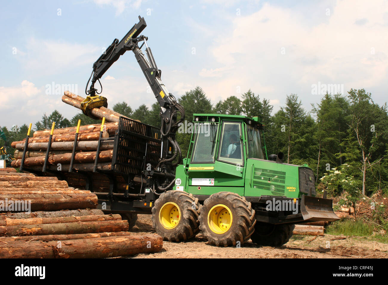 Norway spruce (Picea abies), forwarder handling spruce logs, Germany, North Rhine-Westphalia, Sauerland Stock Photo