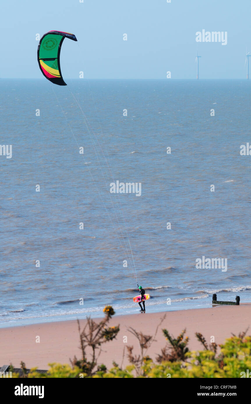 Kite surfing at the beach in Frinton in Essex, early morning Stock Photo