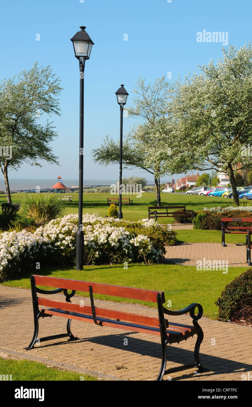 Seating bench & gardens on the seafront at Frinton in Essex Stock Photo